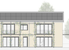 Baupläne eines Hauses mit mehreren Wohneinheiten, jede davon mit Balkon oder Terrasse