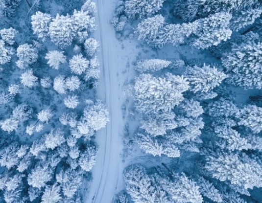 Vogelperspektive auf den verschneiten Schwarzwald
